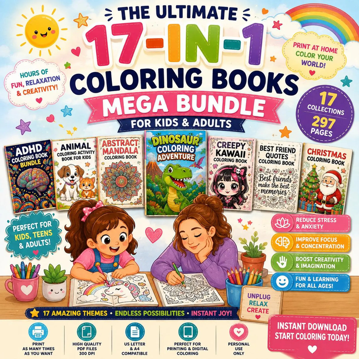Coloring Book Bundle Kids Adults ADHD Mandalas Animals Dinosaurs Kawaii Stained Glass Flower Christmas Monster Truck Printable PDF